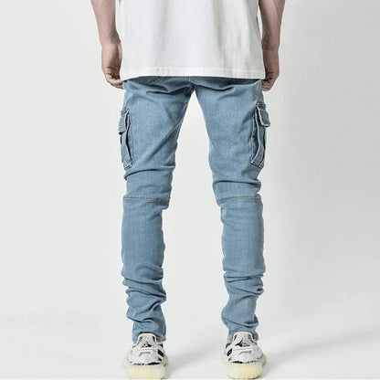 Jeans Cargo Elásticos para Hombre – Denim Lavado, Color Sólido, Múltiples Bolsillos, Casual, Slim Fit y Streetwear