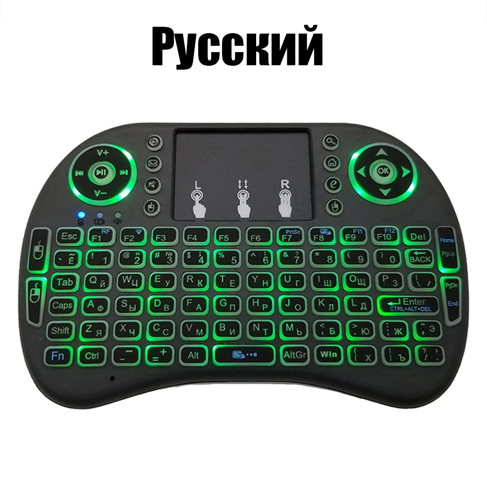 Mini Teclado Inalámbrico 2.4G con Touchpad y Retroiluminación – Air Mouse i8 Español Francés Ruso Árabe para PC, Smart TV, Android TV Box