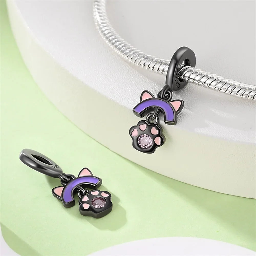 Charm gato negro de plata 925 con huella – Colgante animal para pulsera tipo Pandora, joyería DIY elegante para mujer