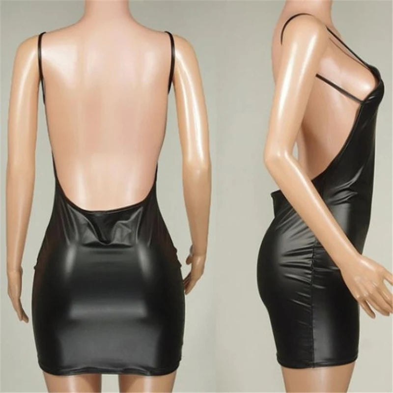 Vestido Sexy Mujer Cuero Sintético | Mini Vestido Negro Ajustado Espalda Descubierta con Push Up