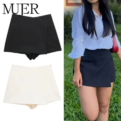 Skort Asimétrico Mujer 2025 | Falda Pantalón Negra Tiro Alto Casual Verano