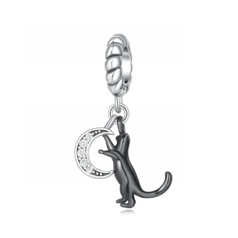 Charm gato negro de plata 925 con huella – Colgante animal para pulsera tipo Pandora, joyería DIY elegante para mujer