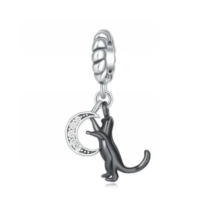 Charm gato negro de plata 925 con huella – Colgante animal para pulsera tipo Pandora, joyería DIY elegante para mujer