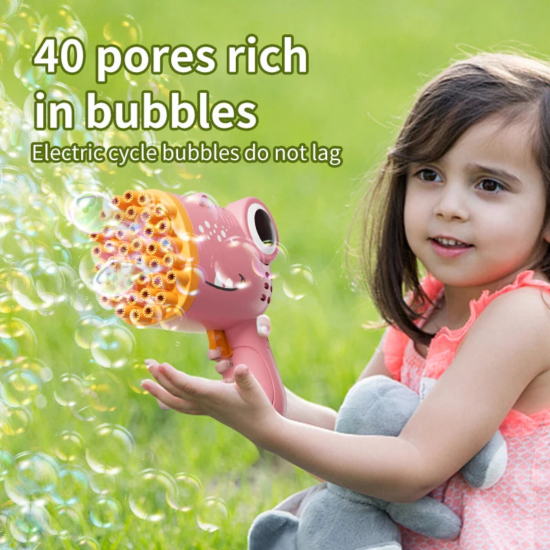 Pistola de Burbujas Dinosaurio 40 Agujeros – Máquina Automática de Burbujas Infantil Sin Batería ni Agua