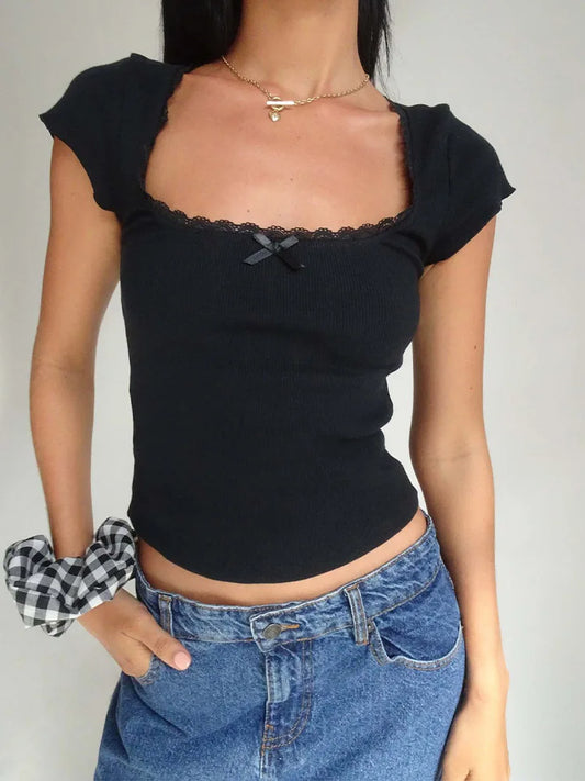 Baby Tee Y2K Vintage Mujer | Camiseta Corta Cuello Cuadrado Encaje Manga Corta Verano