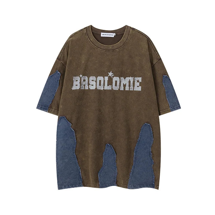 Camiseta Oversize Hombre Hi Street | T-Shirt Estampada con Parches Denim Hip Hop Streetwear 2025