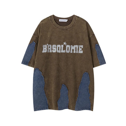 Camiseta Oversize Hombre Hi Street | T-Shirt Estampada con Parches Denim Hip Hop Streetwear 2025