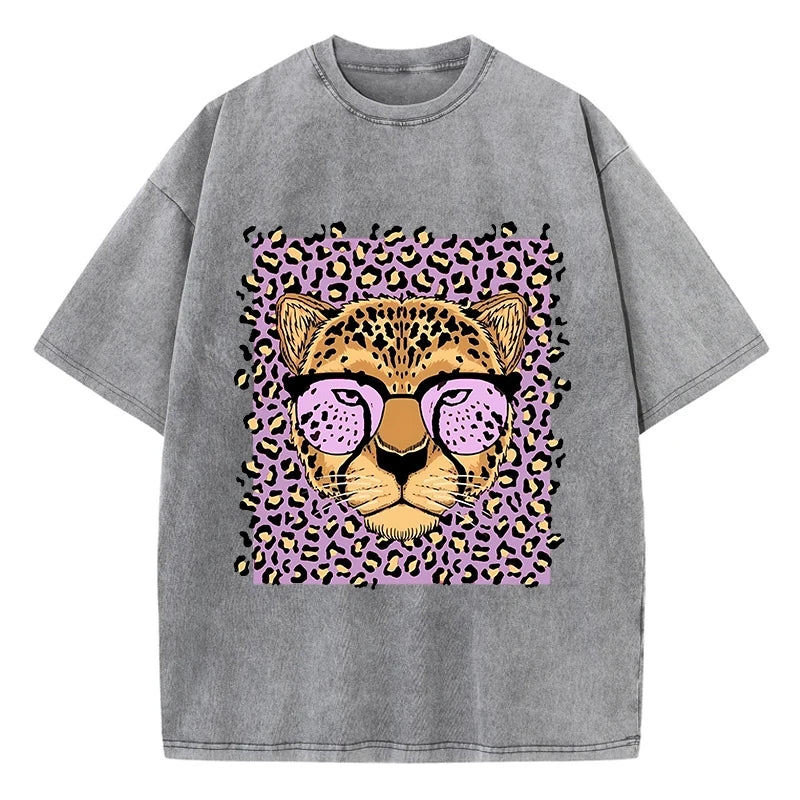 Camiseta Oversize Mujer Vintage | Algodón Lavado Ácido Estampado Leopardo Caricaturas