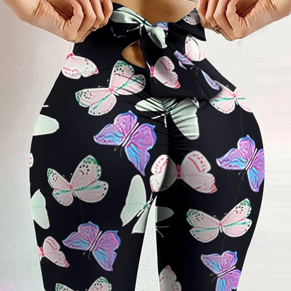 Leggings Mujer Cintura Alta Push Up | Mallas Fitness Yoga con Estampado Mariposa y Lazo Sexy