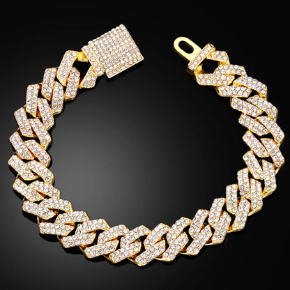 Pulsera Cuban Chain Iced Prong 14mm – Rhinestones Brillantes para Hombre y Mujer