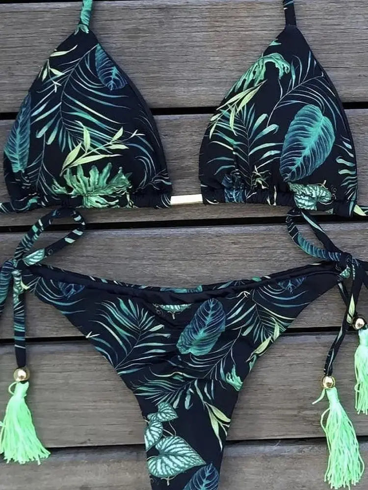 RUOTONGSEPT Micro Bikini Mujer 2025 | Estampado Plumas Bandage Brasileño