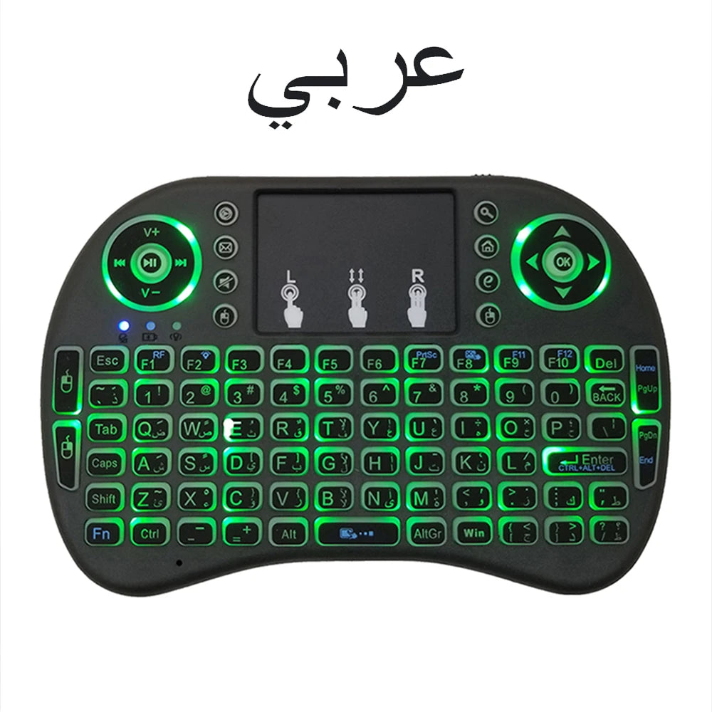 Mini Teclado Inalámbrico 2.4G con Touchpad y Retroiluminación – Air Mouse i8 Español Francés Ruso Árabe para PC, Smart TV, Android TV Box