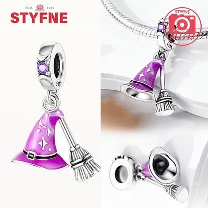 Charm Colgante de Halloween Plata 925 | Bruja Mágica con Efecto Luminoso para Pulsera Original