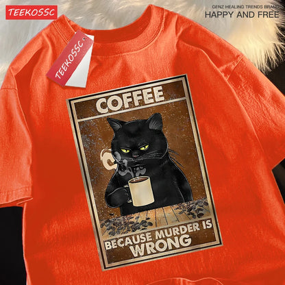 Camiseta Oversize “Because Murder Is Wrong” – T-shirt Black Cat, Algodón Transpirable, Streetwear Unisex, Manga Corta