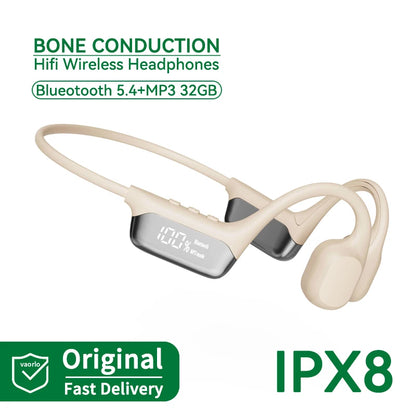 Auriculares True Bone Conduction Bluetooth 5.4 – Inalámbricos, impermeables IPX8, MP3 32GB con micrófono y pantalla LED