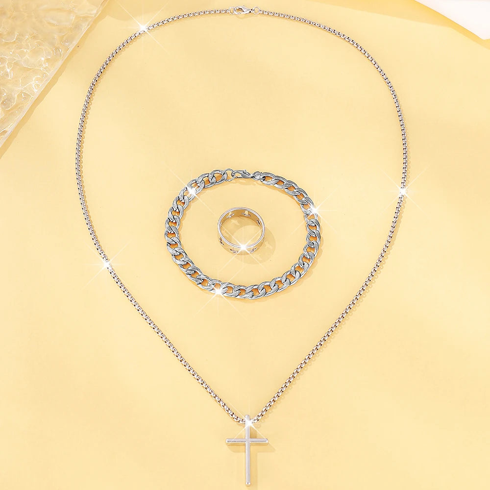 Set de Joyería para Hombre 3 Piezas – Collar con Cruz, Pulsera y Anillo en Acero Inoxidable Estilo Hip Hop