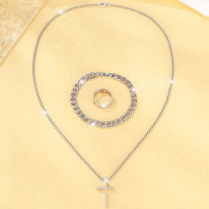 Set de Joyería para Hombre 3 Piezas – Collar con Cruz, Pulsera y Anillo en Acero Inoxidable Estilo Hip Hop