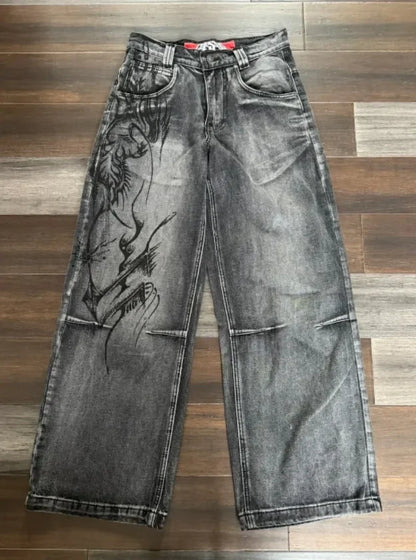 Jeans Oversize Y2K Phantom Unisex | Pantalones Baggy Estilo Hip Hop Streetwear con Parche Bordado Araña Gótico Retro