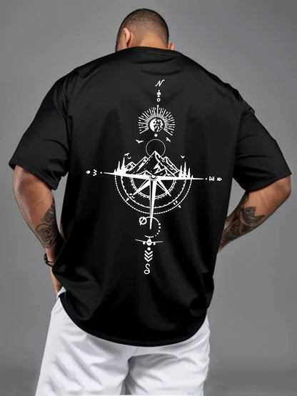 Camiseta Hombre Verano 100% Algodón | Casual Deportivo Oversized | Estampado Brújula Retro Manga Corta Cuello Redondo