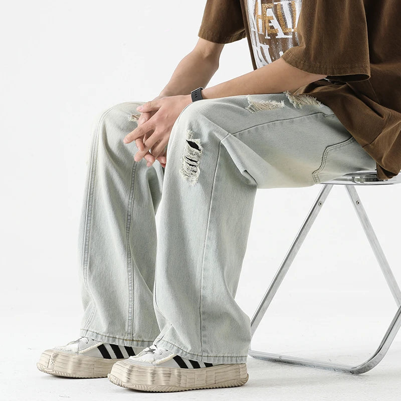 Jeans Hombre Verano Rasgados Rectos | Pantalones Vaqueros Sueltos Retro Cordón Ajustable Streetwear