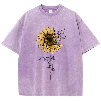 Camiseta Oversize Mujer Vintage Negra | Algodón Lavado Estampado Girasol y Mariposa