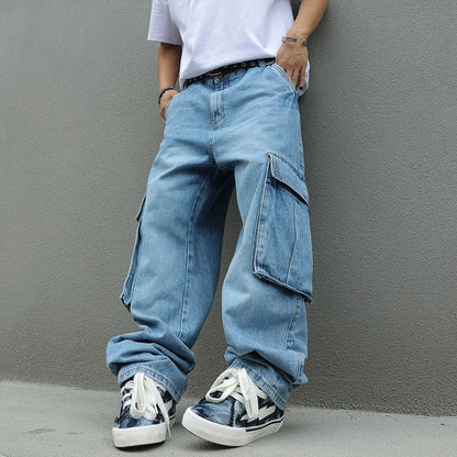 Jeans Cargo Baggy Hombre Azul Claro | Pantalón Vaquero Ancho Multibolsillos Streetwear Vintage