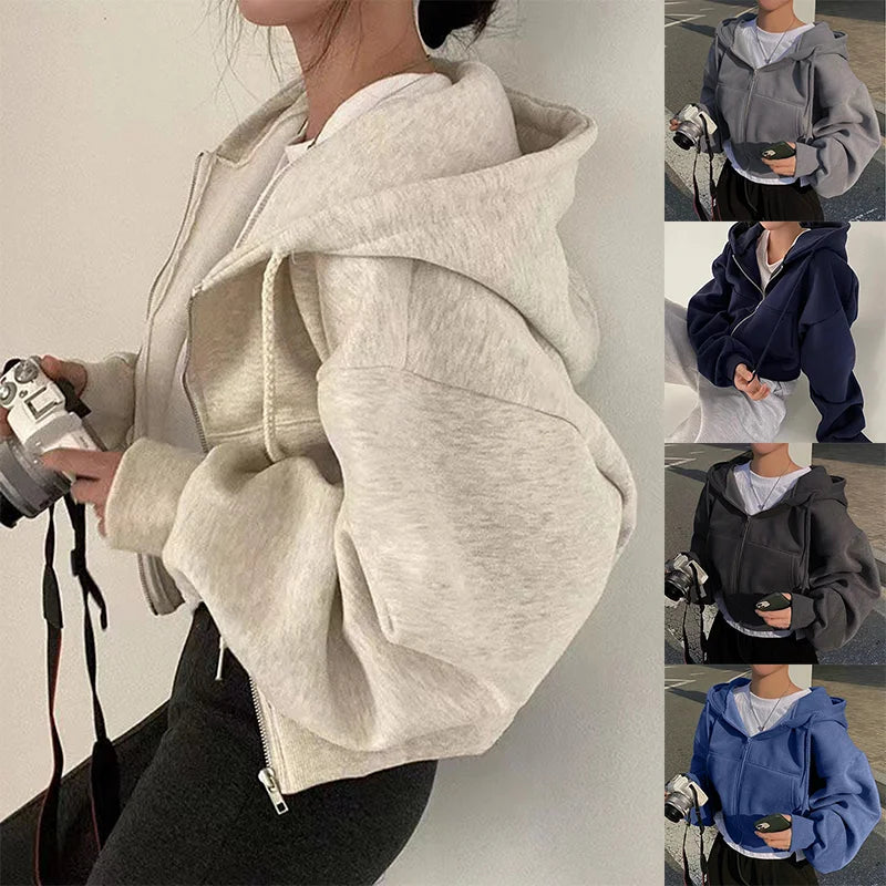 Sudadera Corta Mujer Azul Marino | Con Capucha Cremallera y Forro Polar Primavera Otoño