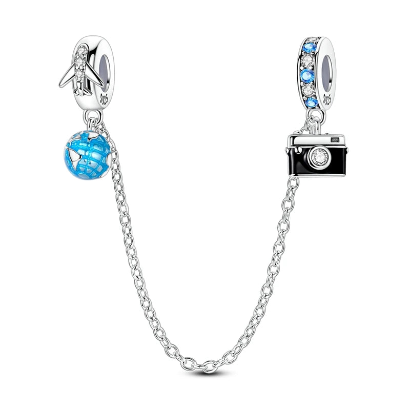 Charm de Plata 925 – Safety Chain, Avión, Tierra, Cámara y Margarita para Pulsera DIY Mujer