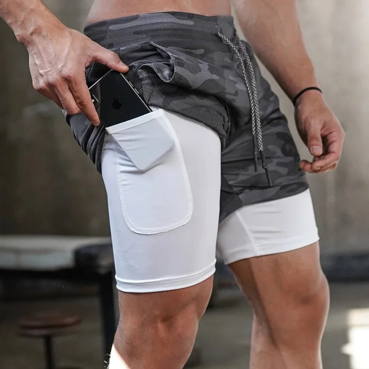Shorts de Running Camo 2 en 1 para Hombre – Pantalón Deportivo con Secado Rápido, Bolsillo y Fitness