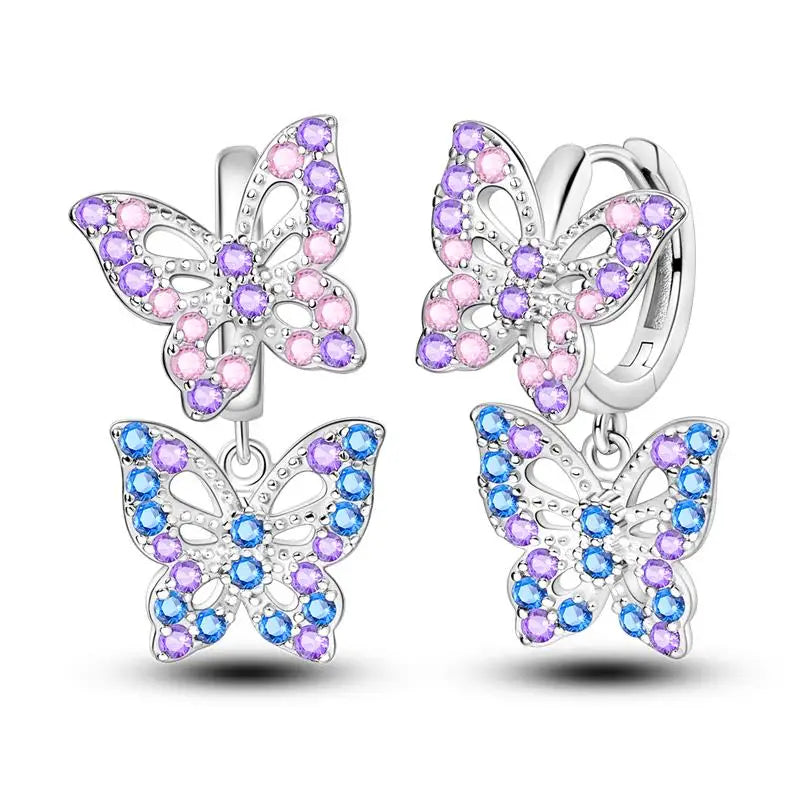 Aretes Primavera Plata 925 | Abeja, Flor y Mariposa | Aros Dobles Mujer