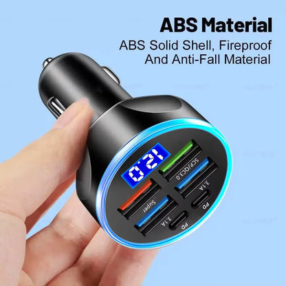Cargador de Coche 100W con 6 Puertos – Adaptador USB Tipo C PD QC3.0 de Carga Rápida para iPhone, Samsung, Huawei, Xiaomi y Más