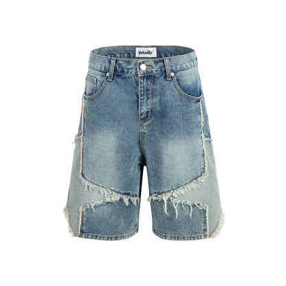 Shorts Jeans Baggy con Patchwork de Estrellas – Pantalones Denim Oversize Pierna Ancha Casual para Hombre