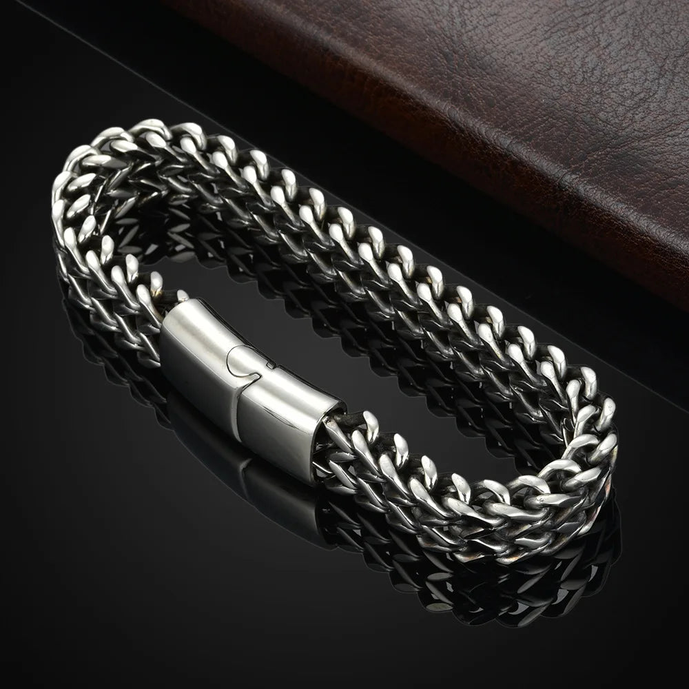 Pulsera de Acero Inoxidable Trenzado | Doble Fila Escamas de Pescado | Cierre Magnético de Aleación | Joyería Unisex Moderna