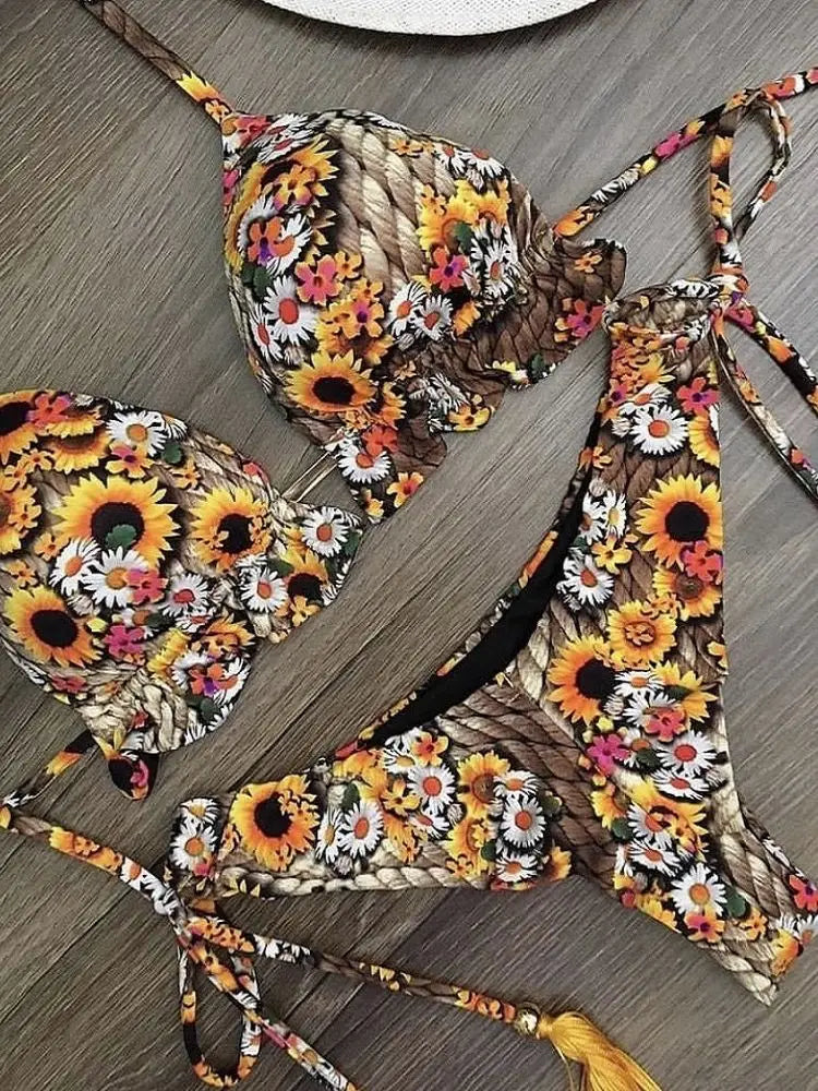 RUOTONGSEPT Micro Bikini Mujer 2025 | Estampado Plumas Bandage Brasileño