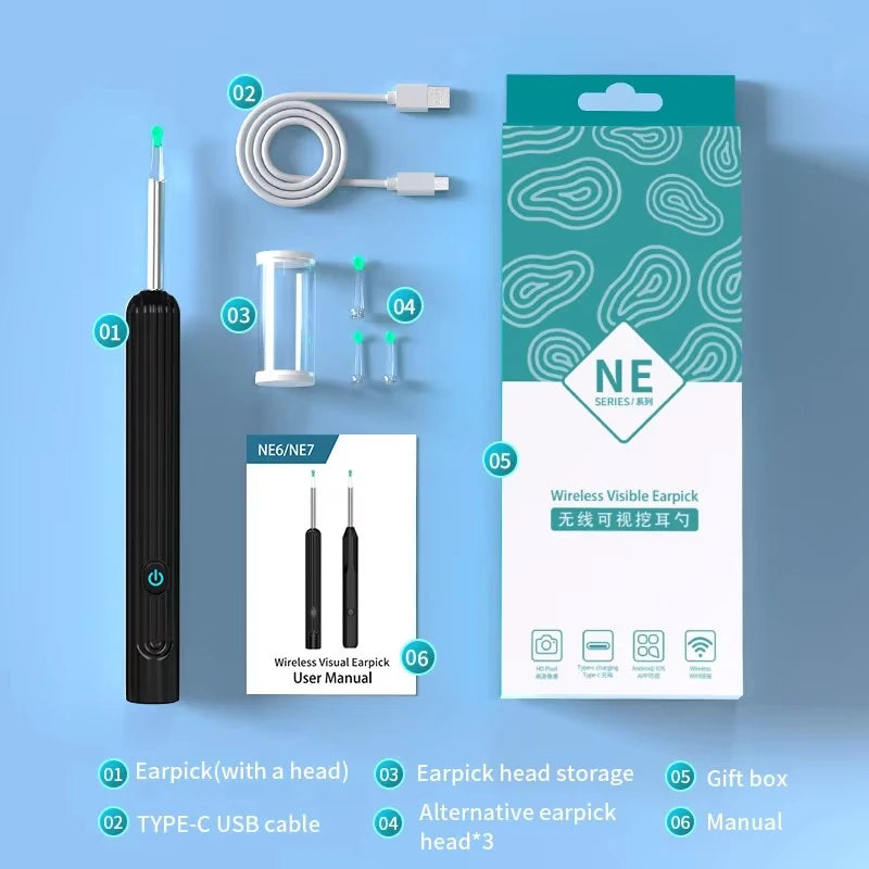 Limpiador de Oídos con Cámara HD 5MP y Luz LED | Kit Inteligente de Limpieza Auricular Inalámbrico USB Recargable