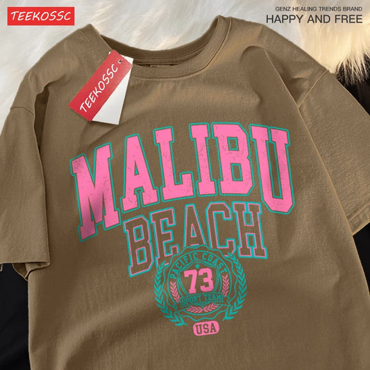 Camiseta Oversize Malibu Beach – T-shirt Casual Unisex con Estampado de Letras, Algodón, Cuello Redondo