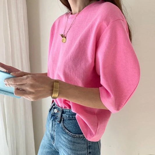 Camiseta Oversize Mujer Verano 2024 | Algodón Elástica Rosa Blanco Casual