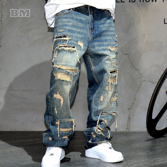 Jeans Rotos Baggy para Hombre – Pantalones Denim Distressed Streetwear Skateboard Oversize Pierna Recta con Patchwork