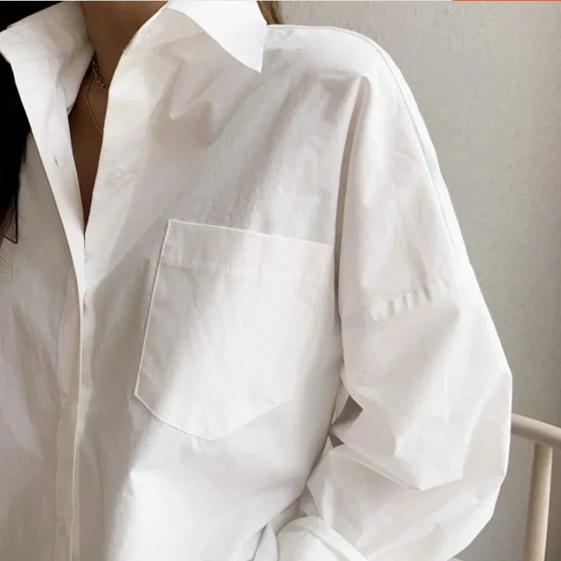 Blusa Mujer Elegante Oficina | Camisa Blanca Casual Algodón Manga Larga Cuello Camisero