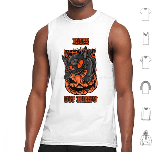 Camiseta Sin Mangas Psycho Cat y Calabaza – Algodón 100% Estilo Oversize Halloween Gótico para Hombre