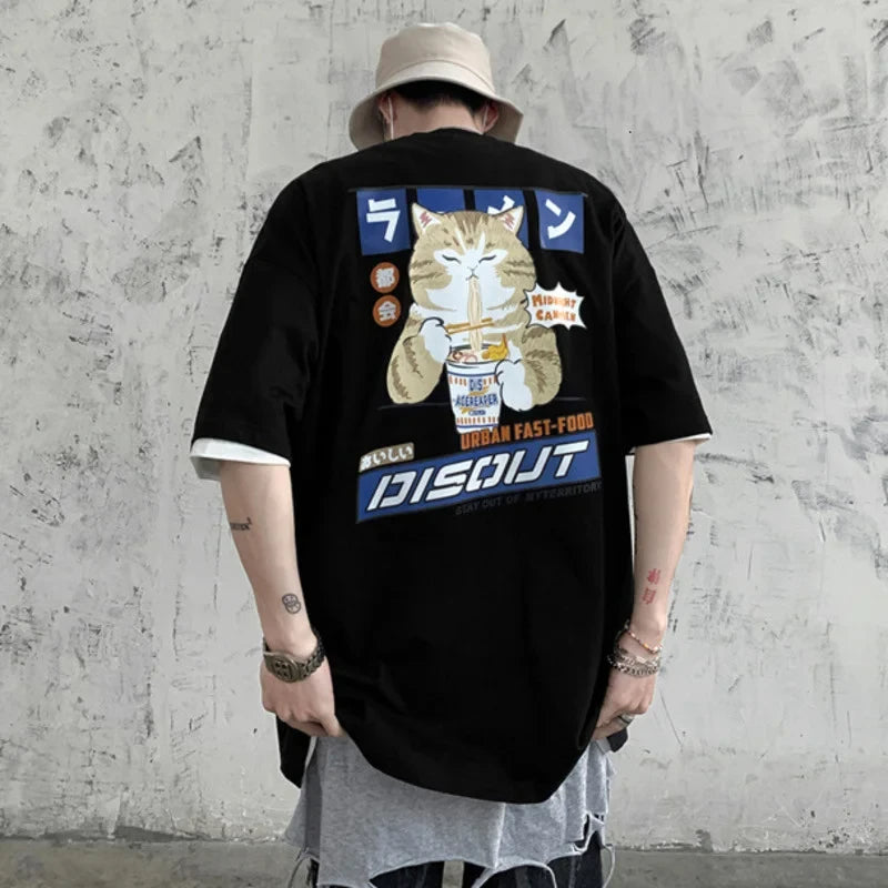 Camiseta Unisex 2025 | Estilo Harajuku con Gato y Noodles Gráfico
