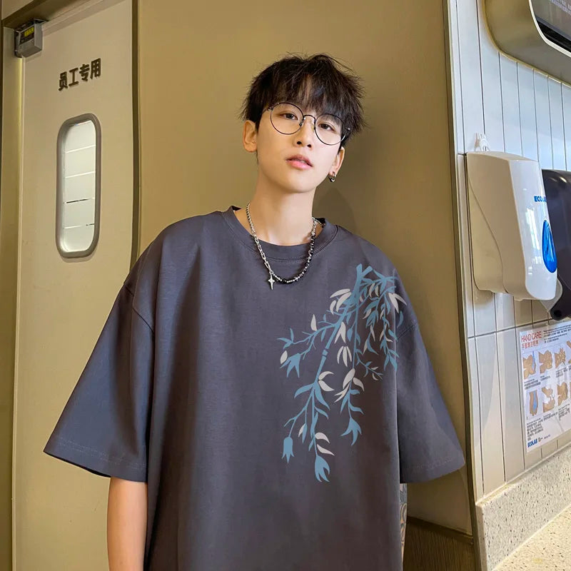 Camiseta Oversize de Algodón para Hombre | Estampado Bambú, Casual de Verano hasta 5XL