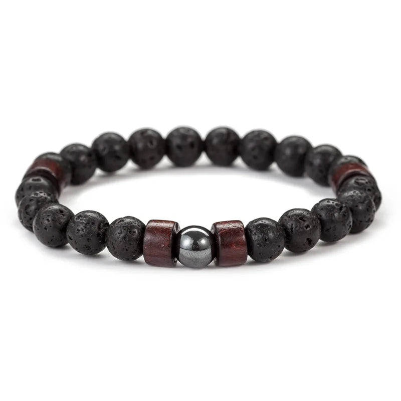 Pulsera de Piedra Volcánica de 8mm para Hombre – Lava y Madera con Buda Tibetano, Hecha a Mano, Elástica