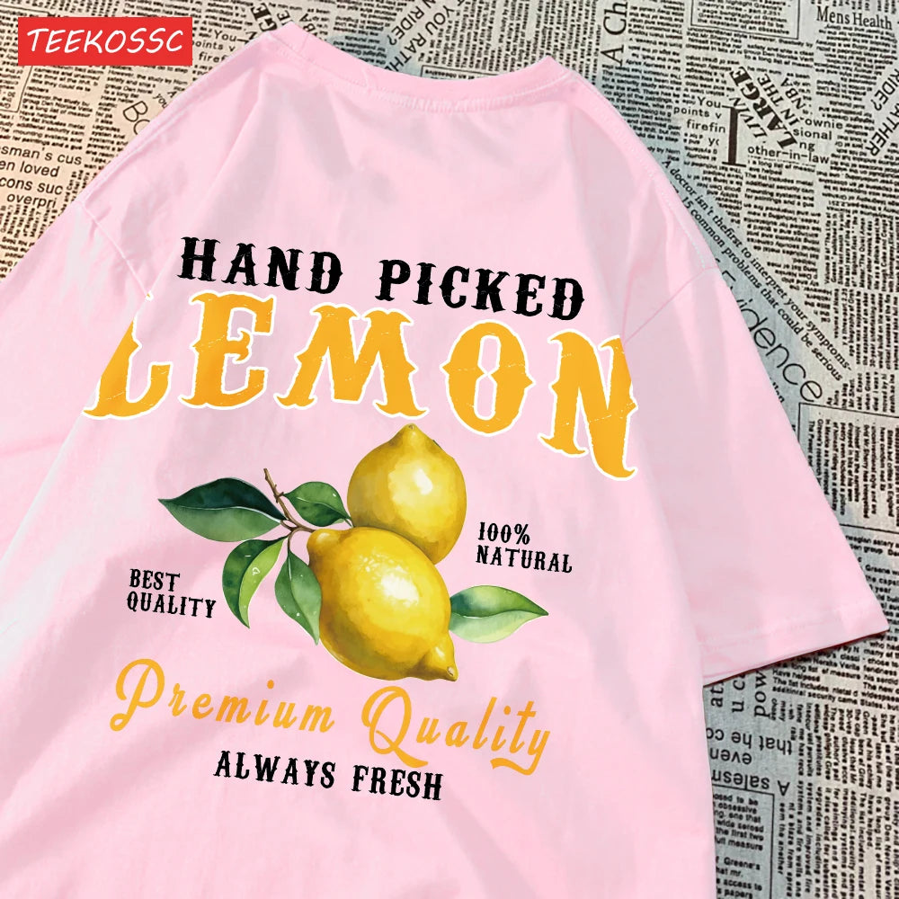 Camiseta Oversize Mujer Verano | Algodón Estampado Limones y Cerezas Casual