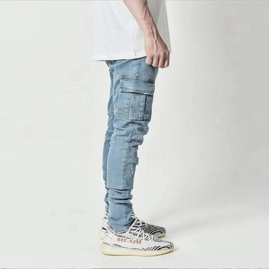 Jeans Cargo Elásticos para Hombre – Denim Lavado, Color Sólido, Múltiples Bolsillos, Casual, Slim Fit y Streetwear