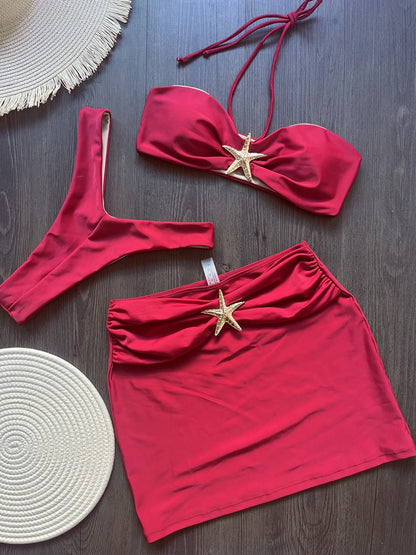 Bikini Mujer 2025 | Tres Piezas con Falda y Estrella Metálica