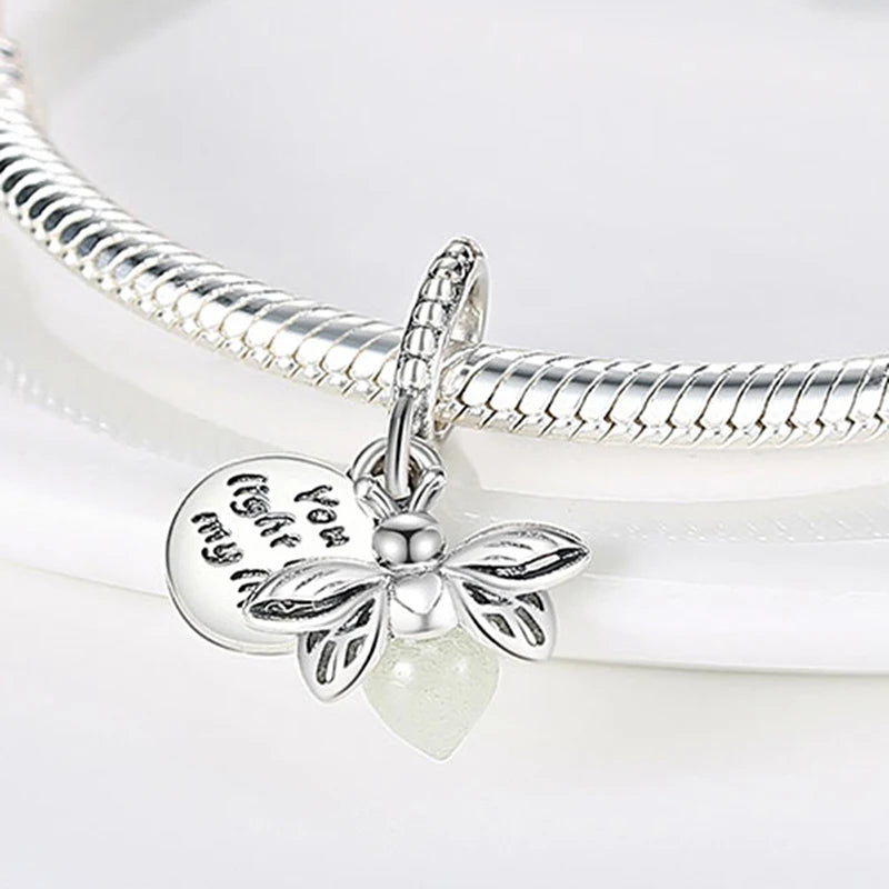 Charm camaleón y luciérnaga en plata 925 – Dije animal brillante, compatible Pandora, pulsera y collar mujer