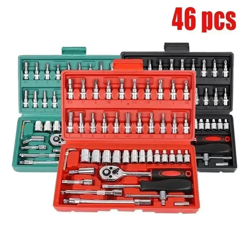 46/53pcs Juego de Dados y Llaves de Trinquete 1/4” – Kit de Herramientas Mecánicas para Reparación de Autos