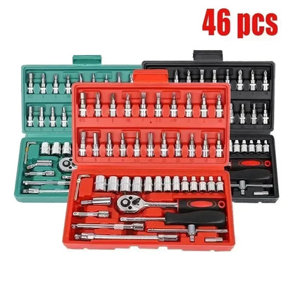 46/53pcs Juego de Dados y Llaves de Trinquete 1/4” – Kit de Herramientas Mecánicas para Reparación de Autos