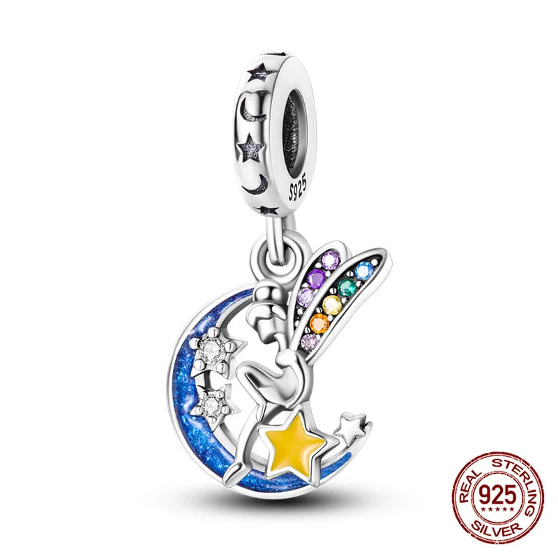 Charm luna y estrellas luminoso plata 925 – Abalorio brillante para pulsera tipo Pandora mujer